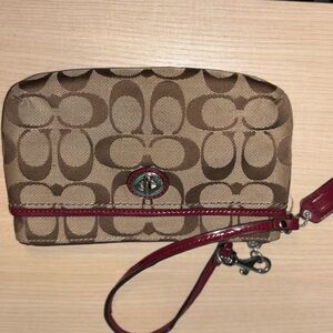 Coach Tan and Red Signature Wristlet